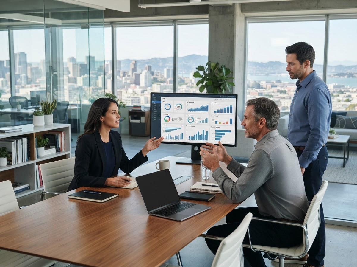 AI Economic Initiative analyst reviewing portfolio risk data on a laptop
