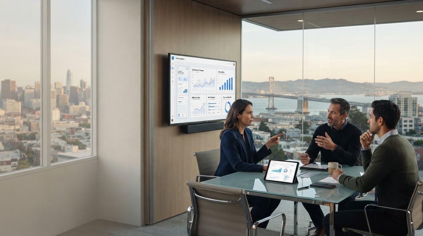 AI Economic Initiative analytics dashboard displayed on a desktop screen in a professional office setting